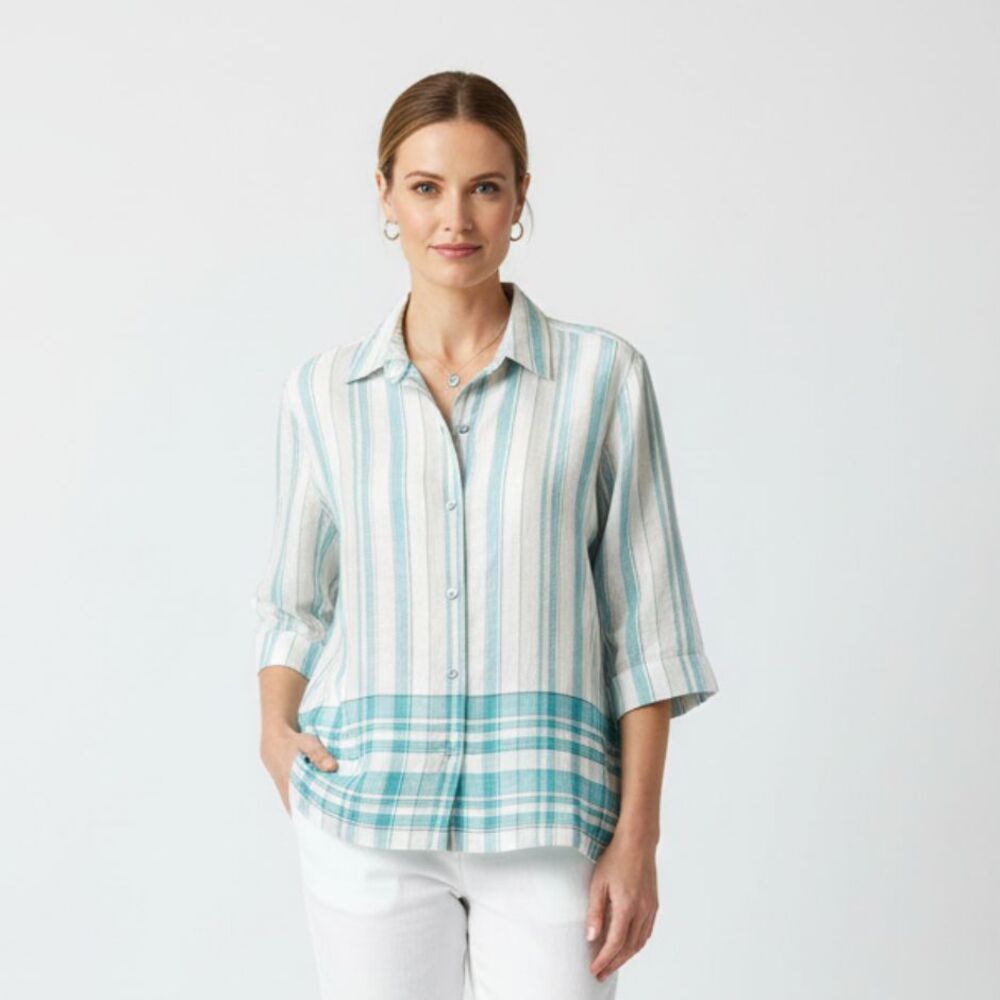 Westbound 100% Linen White & Blue Striped Short Sleeve Button Up Blouse Top 16